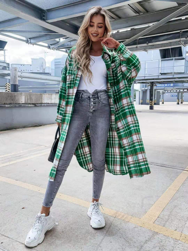 women’s casual long plaid shirt jacket - Green / S