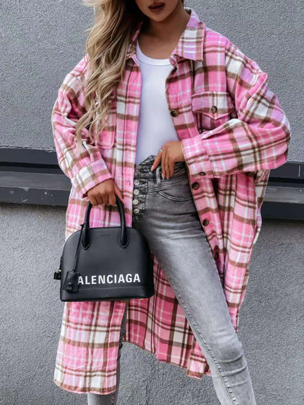 women’s casual long plaid shirt jacket - Pink / S