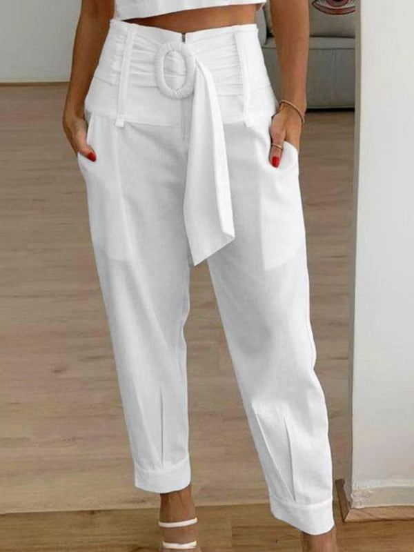 women’s casual pants solid color cropped pants - White / S