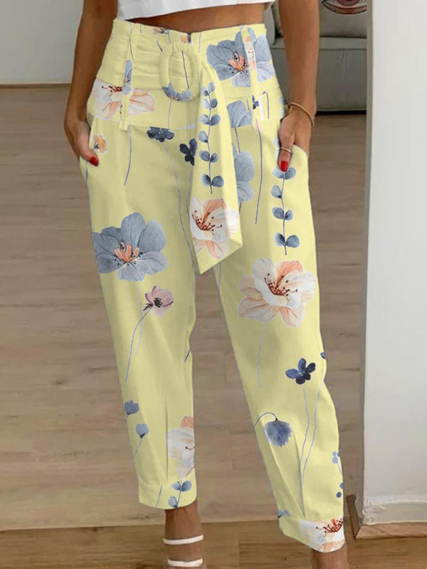 women’s casual pants solid color cropped pants - Yellow / S