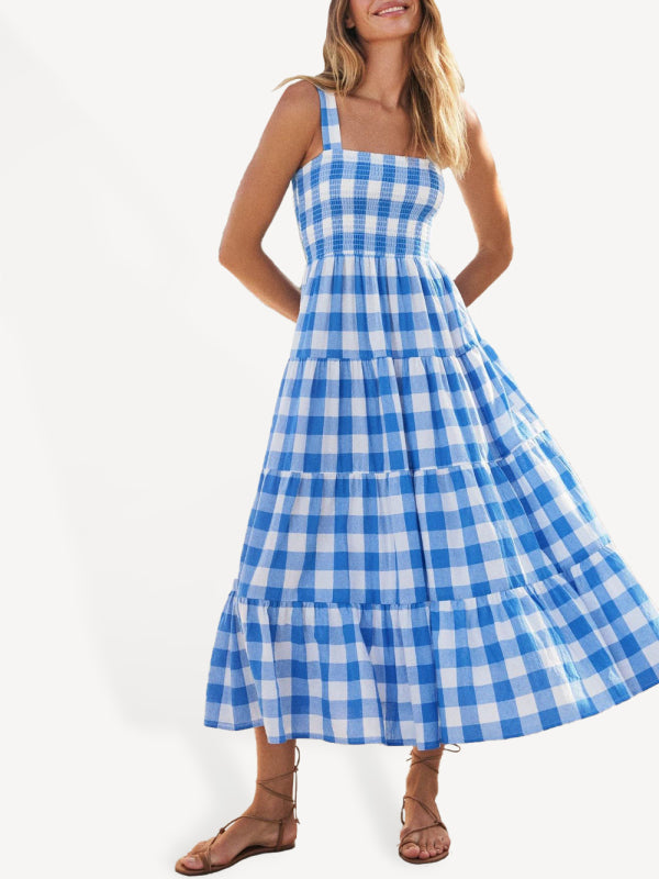 Women’s Casual Plaid Swing Sling Dress - Blue / S