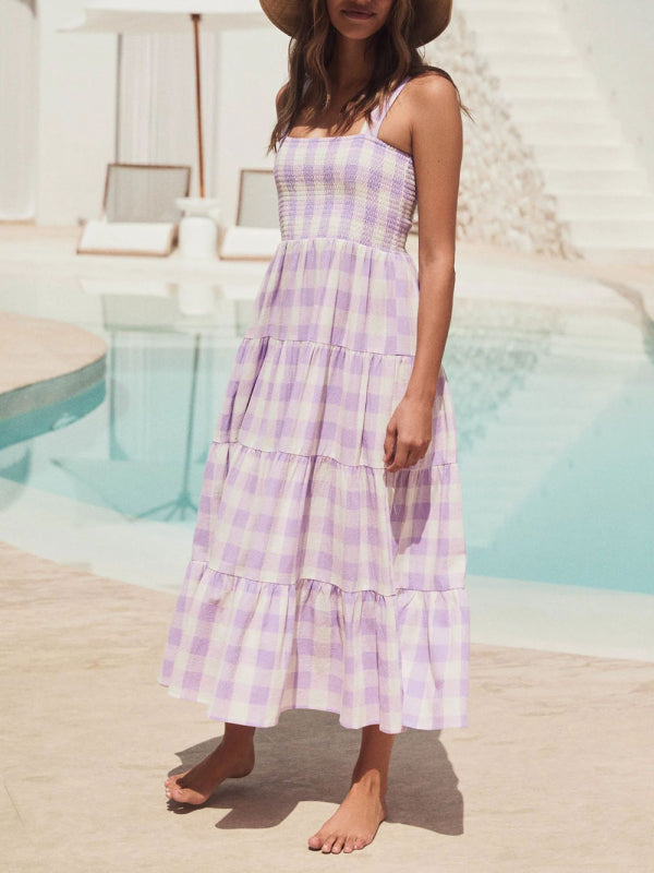 Women’s Casual Plaid Swing Sling Dress - Purple / S