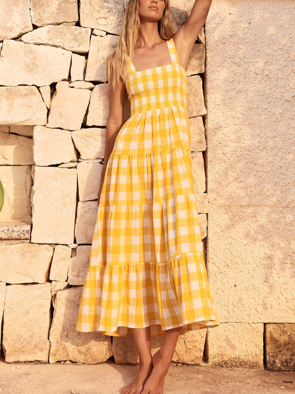 Women’s Casual Plaid Swing Sling Dress - Yellow / S
