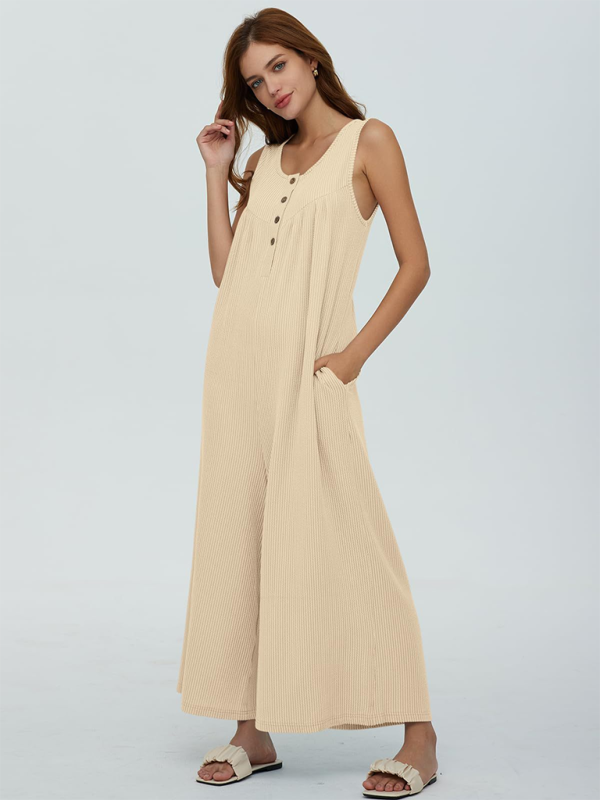 Women’s casual pocket button jumpsuit - Cracker khaki / S