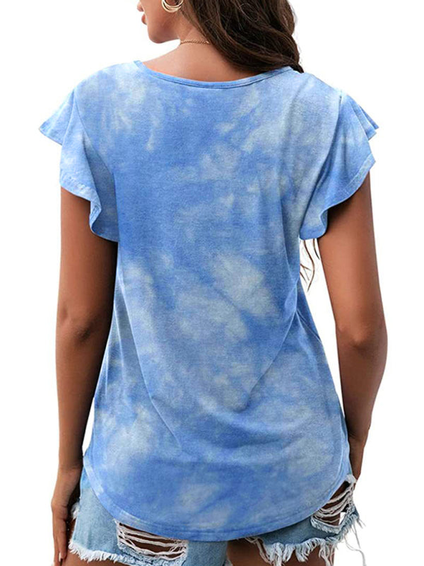 Women’s casual round neck printed lotus leaf short-sleeved T-shirt