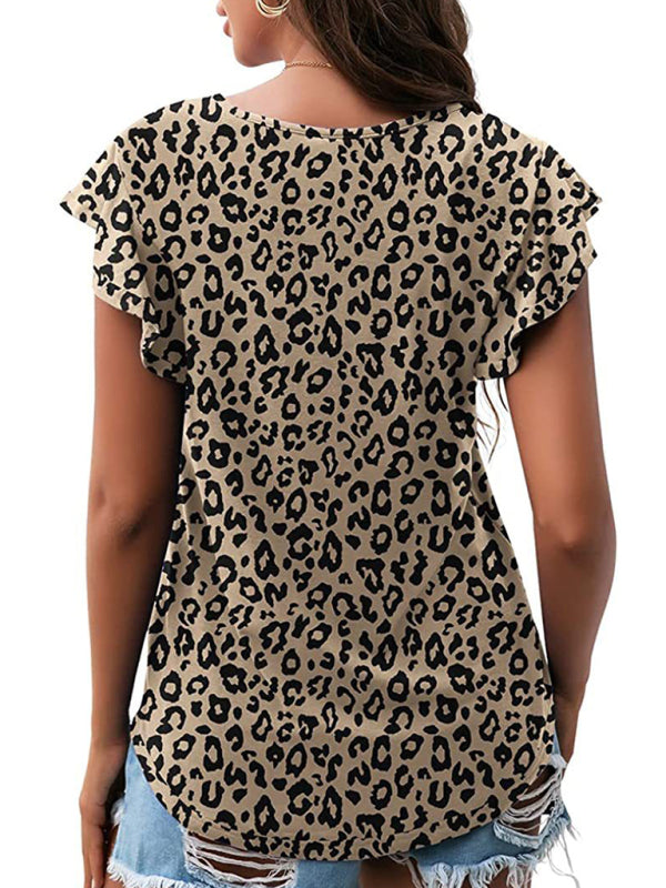 Women’s casual round neck printed lotus leaf short-sleeved T-shirt