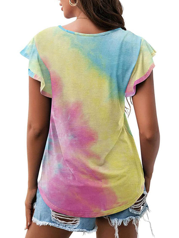 Women’s casual round neck printed lotus leaf short-sleeved T-shirt