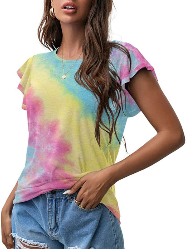 Women’s casual round neck printed lotus leaf short-sleeved T-shirt