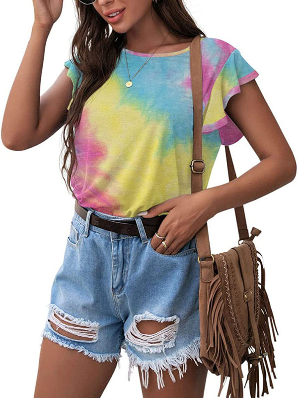 Women’s casual round neck printed lotus leaf short-sleeved T-shirt - Yellow / S