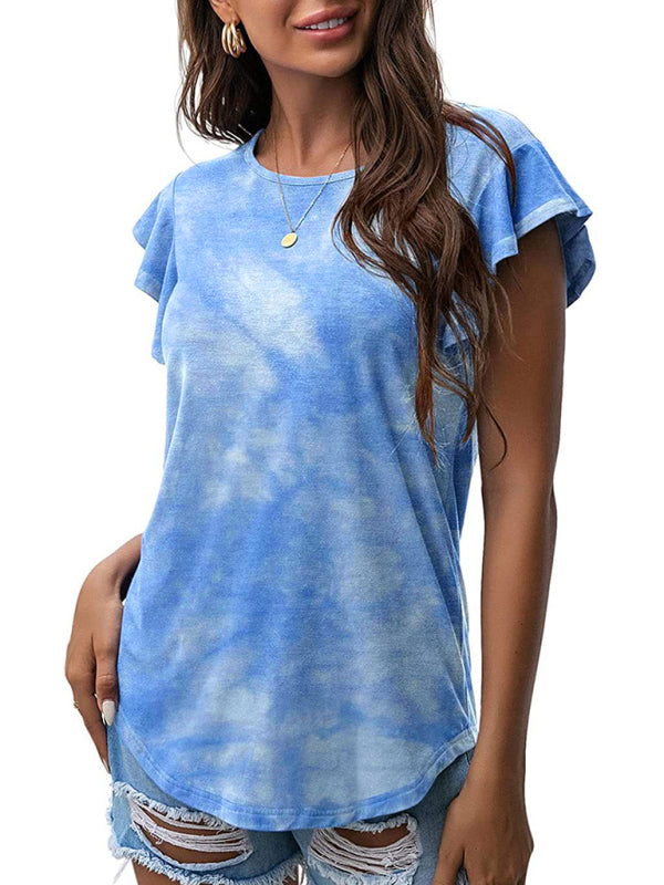 Women’s casual round neck printed lotus leaf short-sleeved T-shirt - Blue / S