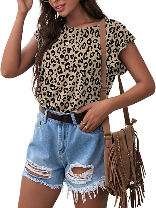 Women’s casual round neck printed lotus leaf short-sleeved T-shirt