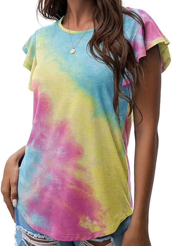 Women’s casual round neck printed lotus leaf short-sleeved T-shirt