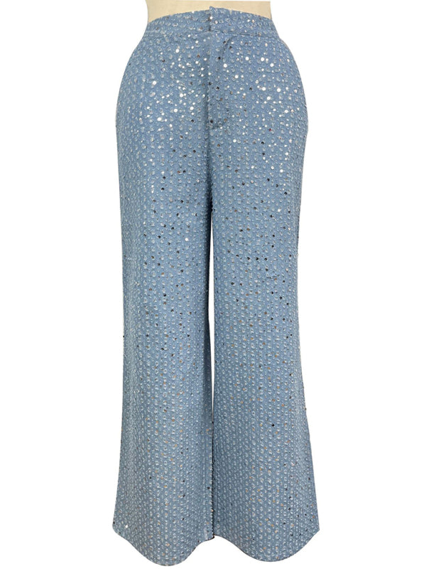 Women’s Casual Sequined Denim Straight Pants - Blue / S