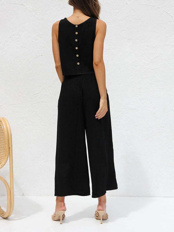 Women’s casual sleeveless button-down vest cropped wide-leg pants cotton and linen suit