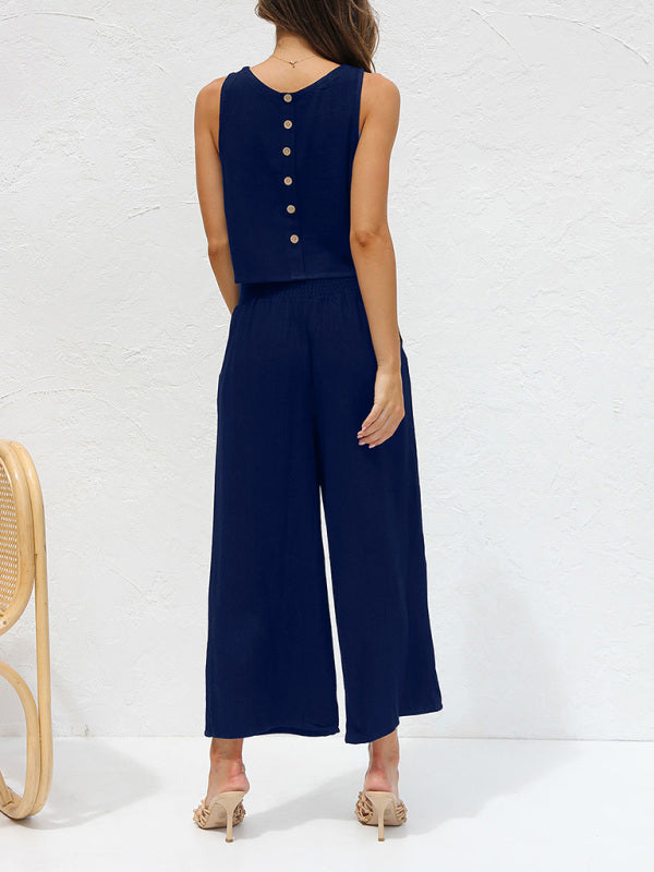 Women’s casual sleeveless button-down vest cropped wide-leg pants cotton and linen suit