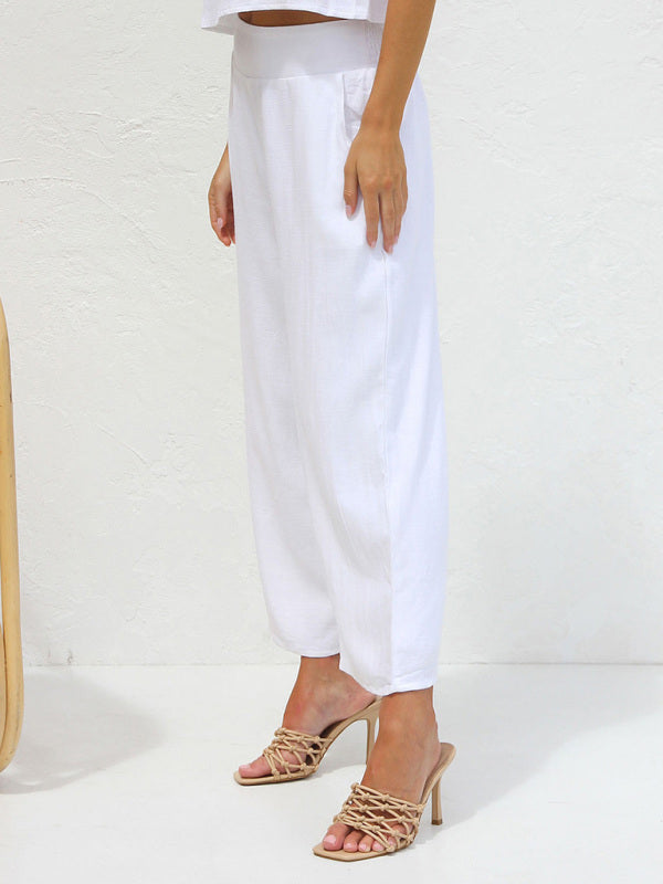 Women’s casual sleeveless button-down vest cropped wide-leg pants cotton and linen suit