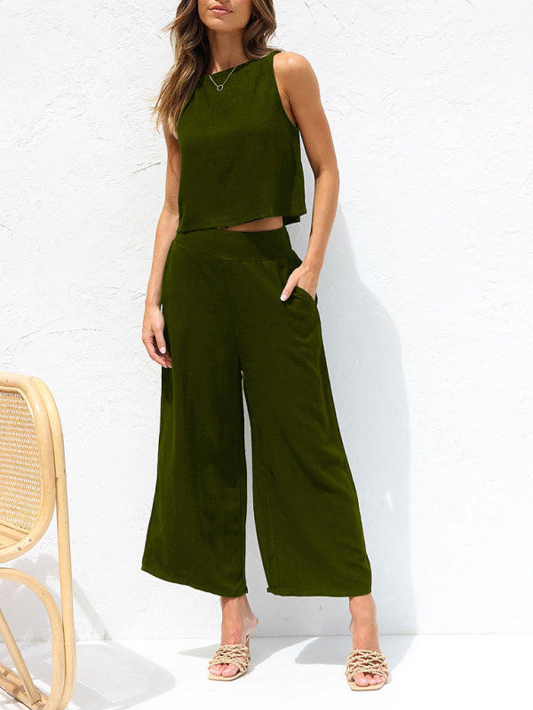Women’s casual sleeveless button-down vest cropped wide-leg pants cotton and linen suit