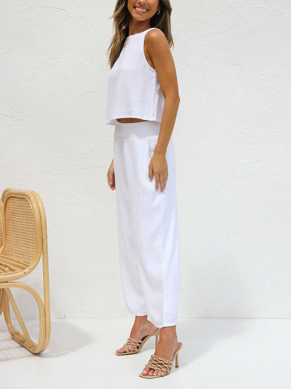 Women’s casual sleeveless button-down vest cropped wide-leg pants cotton and linen suit