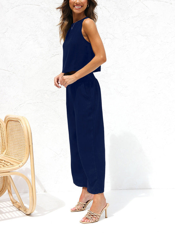 Women’s casual sleeveless button-down vest cropped wide-leg pants cotton and linen suit