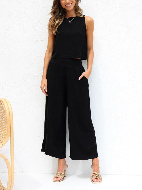 Women’s casual sleeveless button-down vest cropped wide-leg pants cotton and linen suit