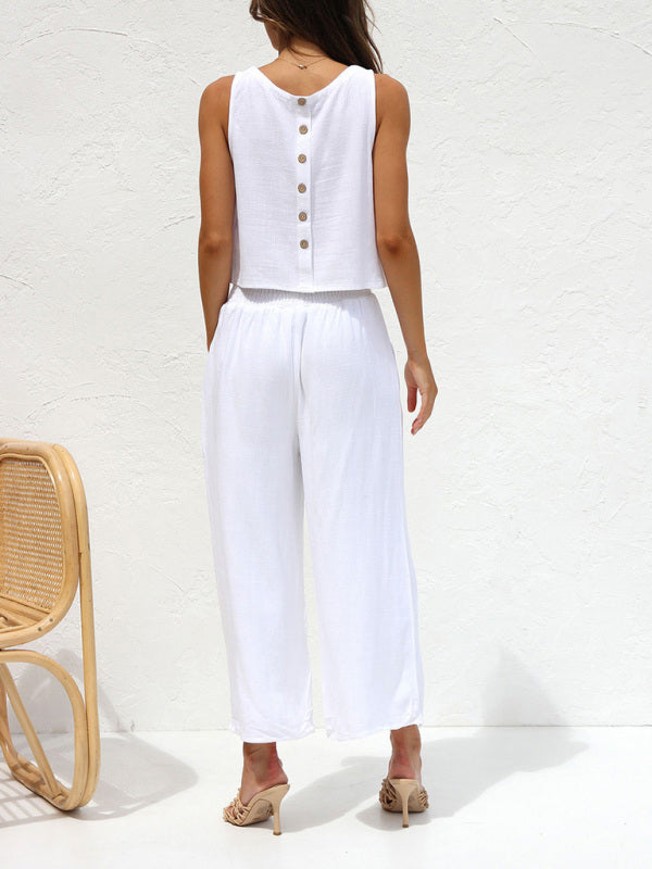Women’s casual sleeveless button-down vest cropped wide-leg pants cotton and linen suit
