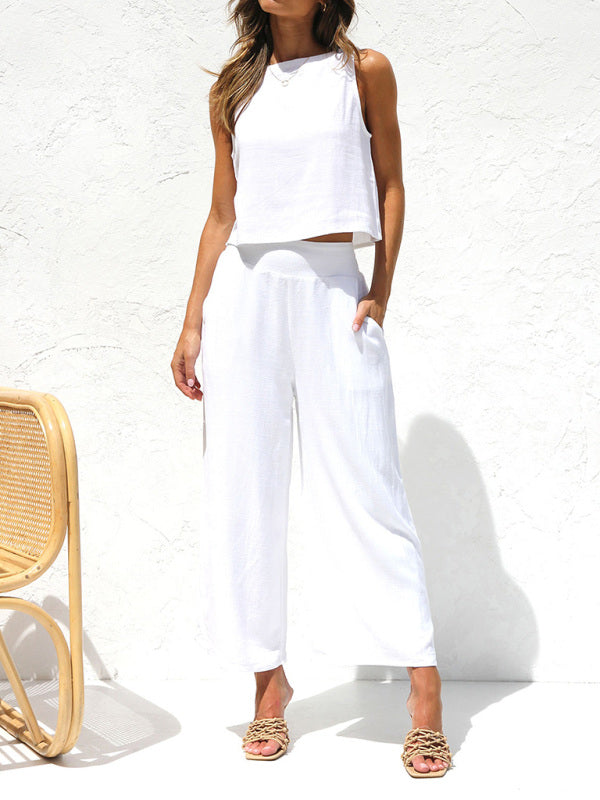 Women’s casual sleeveless button-down vest cropped wide-leg pants cotton and linen suit - White / S