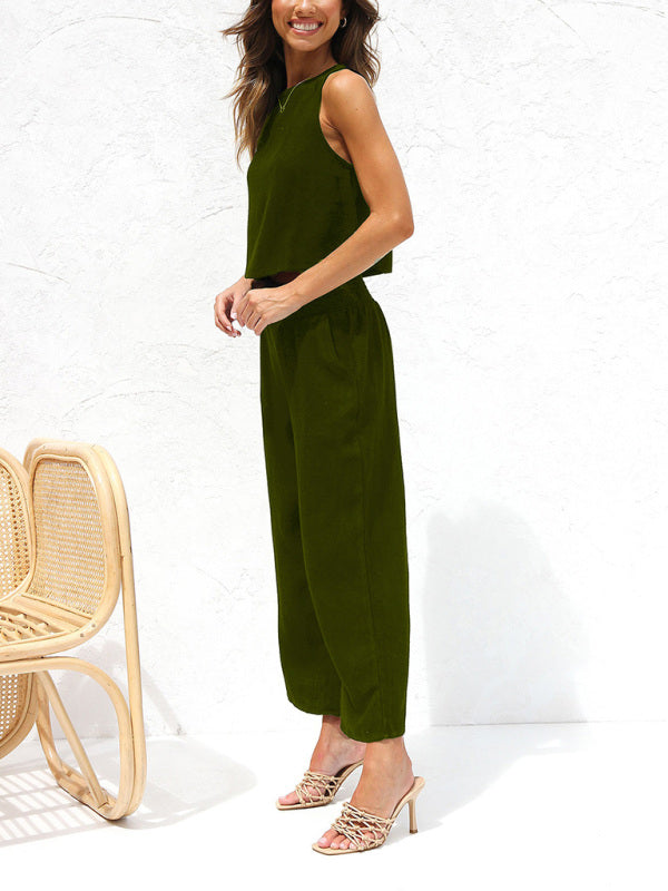 Women’s casual sleeveless button-down vest cropped wide-leg pants cotton and linen suit