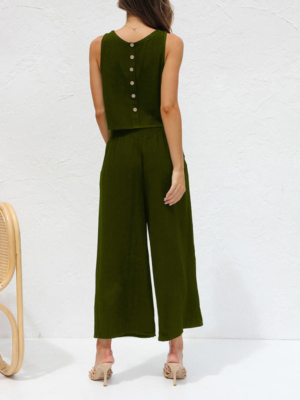 Women’s casual sleeveless button-down vest cropped wide-leg pants cotton and linen suit