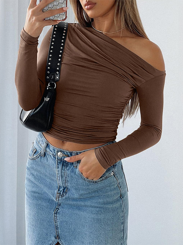 Women’s casual slim fit solid color oblique collar pullover top
