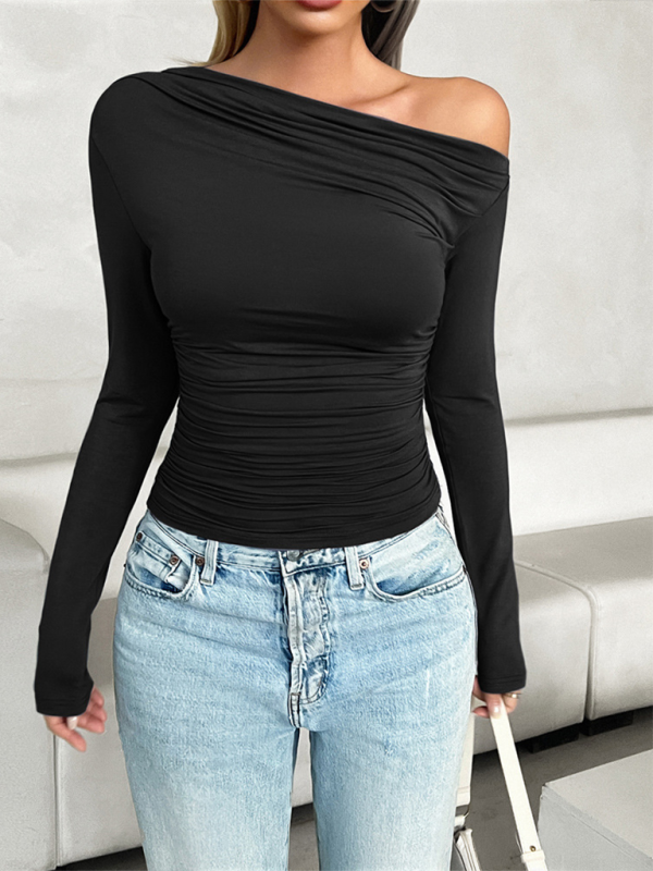Women’s casual slim fit solid color oblique collar pullover top