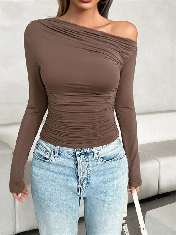 Women’s casual slim fit solid color oblique collar pullover top