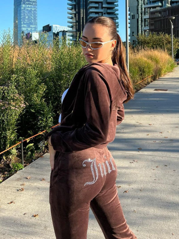 Women’s casual solid color letter hot diamond sportswear long-sleeved hooded sweatshirt loose trousers two-piece suit