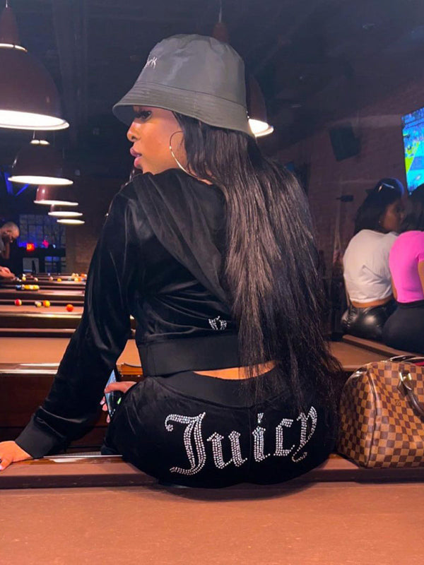 Women’s casual solid color letter hot diamond sportswear long-sleeved hooded sweatshirt loose trousers two-piece suit