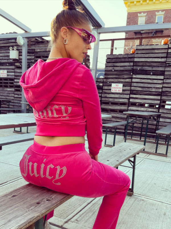 Women’s casual solid color letter hot diamond sportswear long-sleeved hooded sweatshirt loose trousers two-piece suit