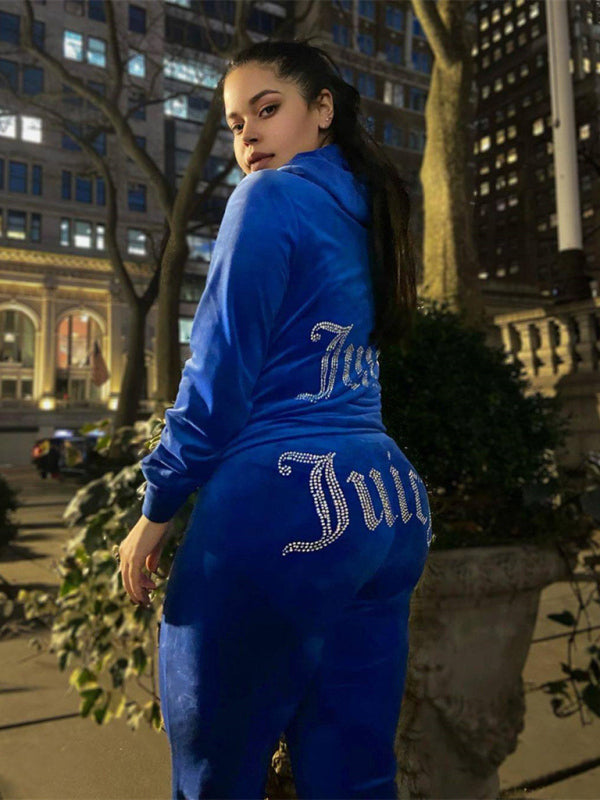 Women’s casual solid color letter hot diamond sportswear long-sleeved hooded sweatshirt loose trousers two-piece suit