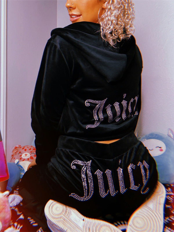 Women’s casual solid color letter hot diamond sportswear long-sleeved hooded sweatshirt loose trousers two-piece suit