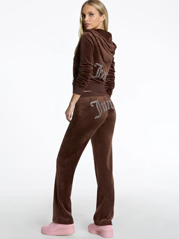 Women’s casual solid color letter hot diamond sportswear long-sleeved hooded sweatshirt loose trousers two-piece suit