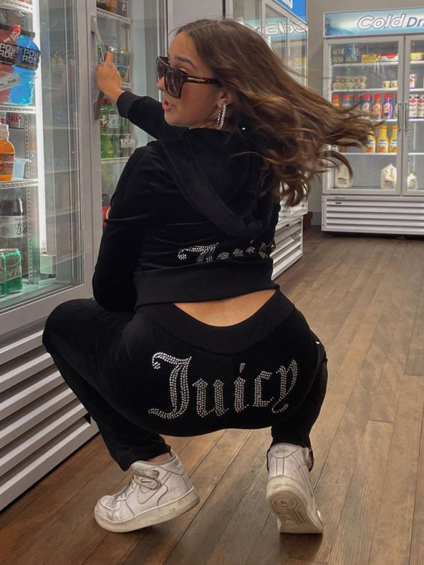 Women’s casual solid color letter hot diamond sportswear long-sleeved hooded sweatshirt loose trousers two-piece suit