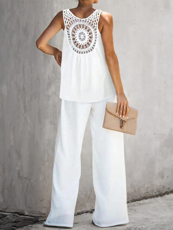 Women’s Casual Solid Color Tops Wide Leg Pants Set