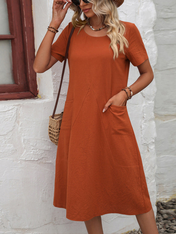 Women’s Casual Solid Knit Dress with Pockets - Orange / S