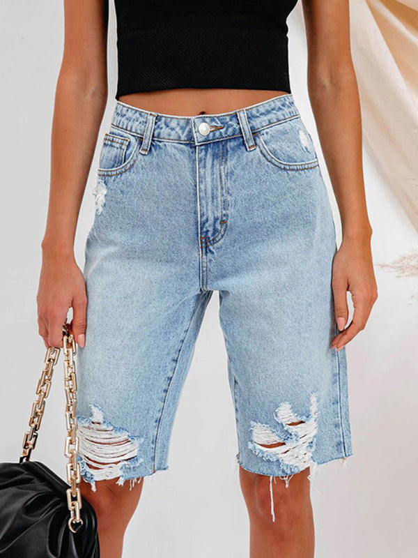Women’s Casual Stretch Ripped Denim Cropped Pants
