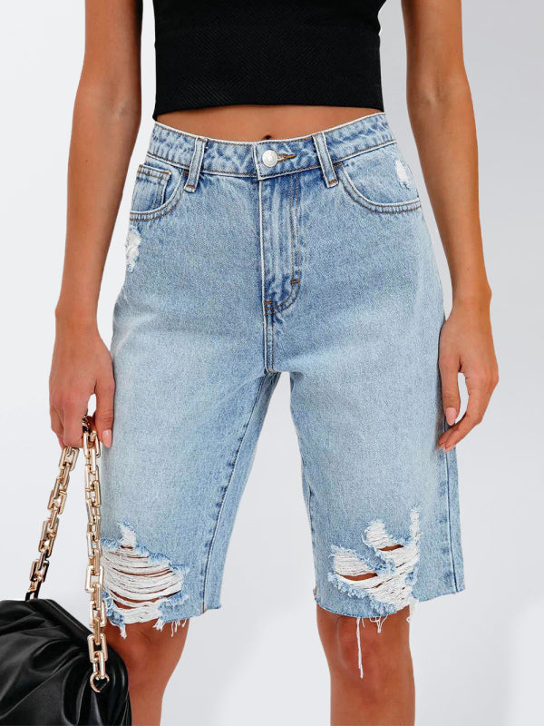 Women’s Casual Stretch Ripped Denim Cropped Pants - Blue / S