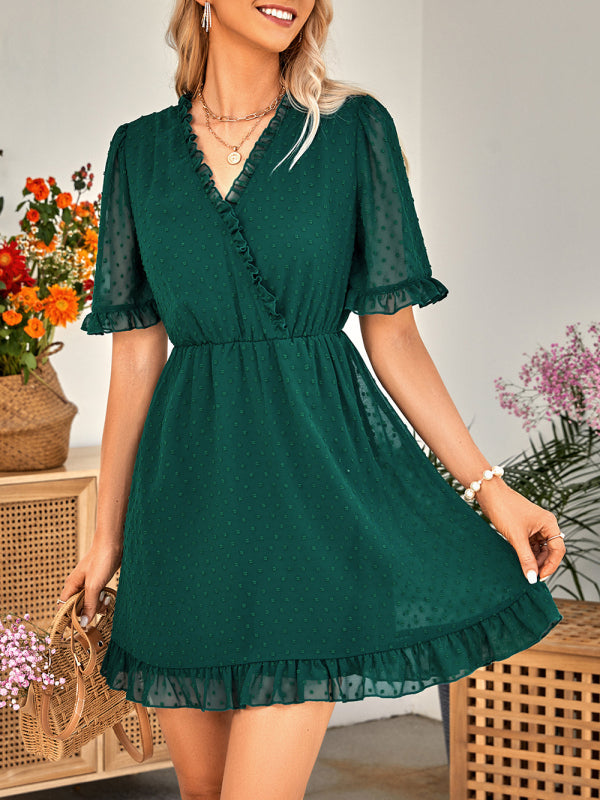 Women’s casual V-neck solid color short-sleeved fur ball dress for women