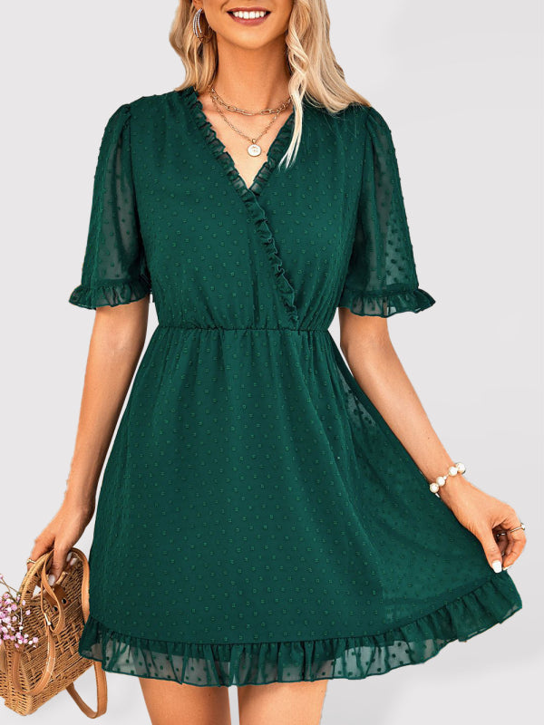 Women’s casual V-neck solid color short-sleeved fur ball dress for women - Green / S