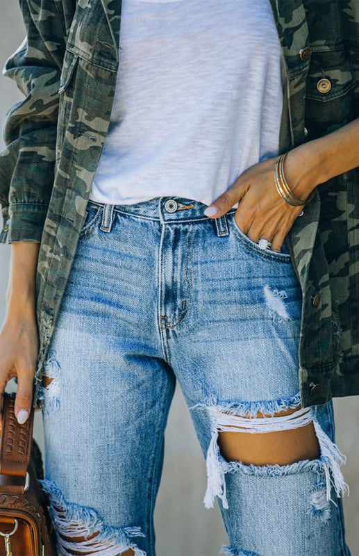 Women’s Character Ripped Ripped Beggar Jeans - Denim Blue / S