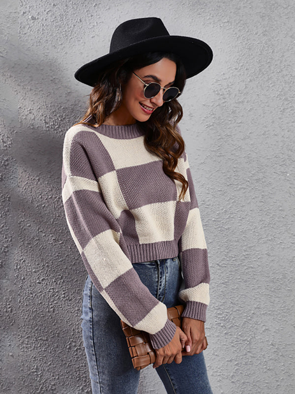 Women’s chessboard checkered shoulder long sleeve loose acrylic knit sweater with dropped shoulder sleeves