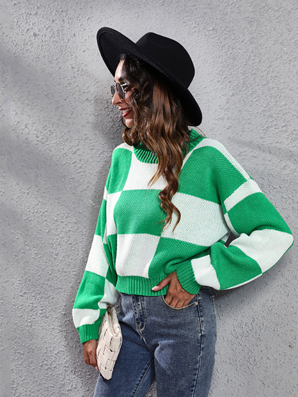 Green and white checkered women’s sweater with dropped shoulder acrylic sleeves