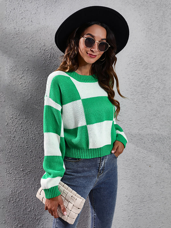 Green and white checkered women’s sweater with dropped shoulder sleeves and acrylic knit
