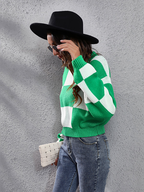 Green and white checkered sweater with dropped shoulder sleeves and acrylic long sleeves