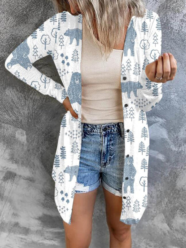 Women’s Christmas themed printed jacket small cardigan - Raw white off white / S